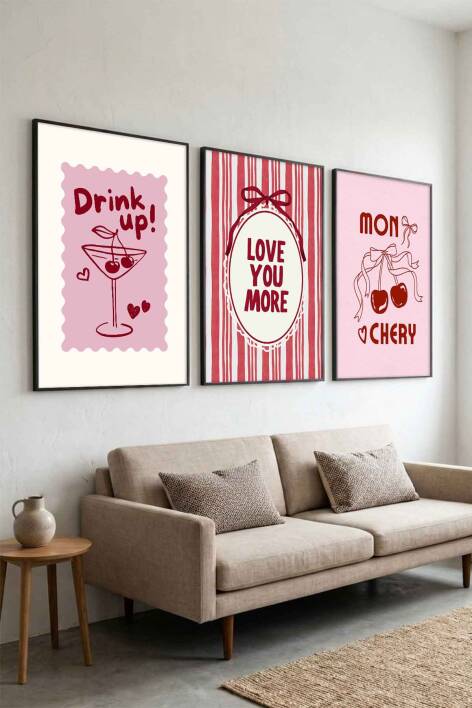 3'lü Set Modern Kiraz Temalı Mon Chery Retro Çerçeveli Tablo Mutfak ve Salon İçin - 6