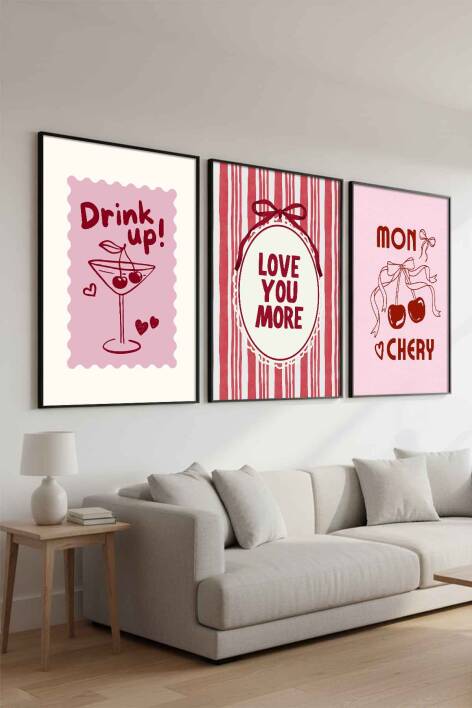 3'lü Set Modern Kiraz Temalı Mon Chery Retro Çerçeveli Tablo Mutfak ve Salon İçin - 5