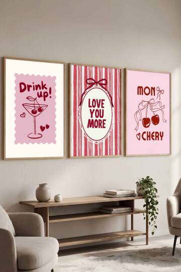 3'lü Set Modern Kiraz Temalı Mon Chery Retro Çerçeveli Tablo Mutfak ve Salon İçin Doğal Ahşap