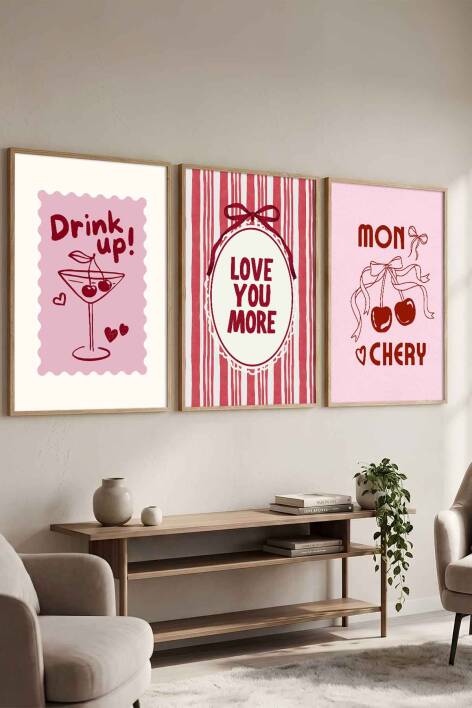3'lü Set Modern Kiraz Temalı Mon Chery Retro Çerçeveli Tablo Mutfak ve Salon İçin - 7