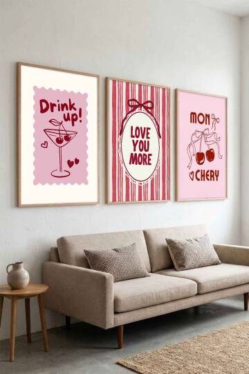 3'lü Set Modern Kiraz Temalı Mon Chery Retro Çerçeveli Tablo Mutfak ve Salon İçin - 9