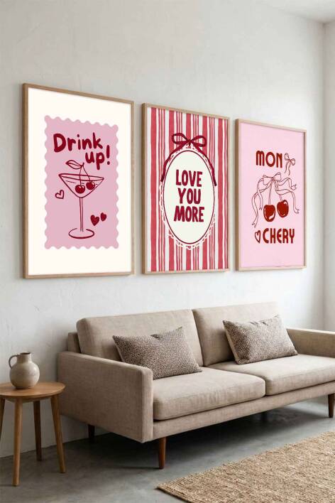 3'lü Set Modern Kiraz Temalı Mon Chery Retro Çerçeveli Tablo Mutfak ve Salon İçin - 9
