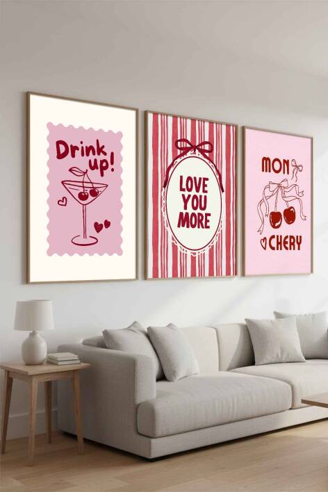 3'lü Set Modern Kiraz Temalı Mon Chery Retro Çerçeveli Tablo Mutfak ve Salon İçin - 8