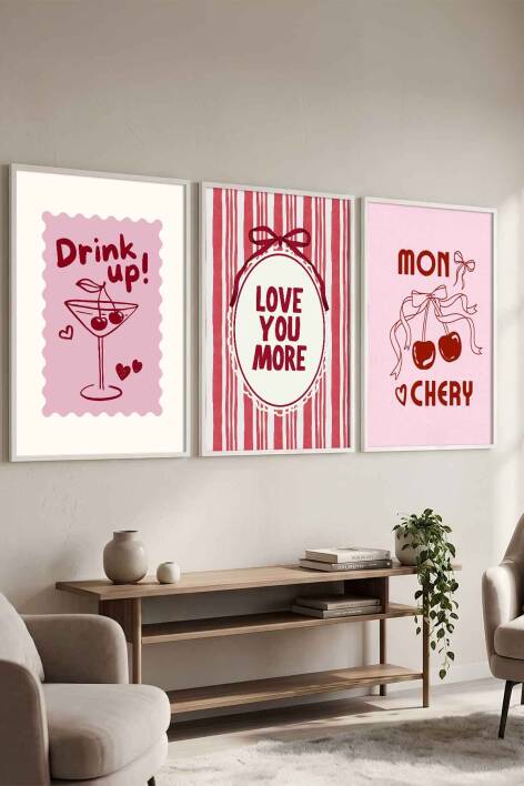 3'lü Set Modern Kiraz Temalı Mon Chery Retro Çerçeveli Tablo Mutfak ve Salon İçin - 1
