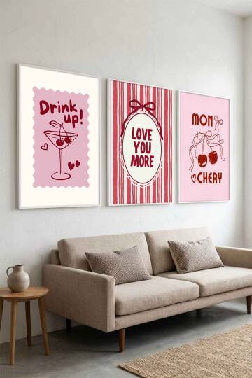 3'lü Set Modern Kiraz Temalı Mon Chery Retro Çerçeveli Tablo Mutfak ve Salon İçin - 2