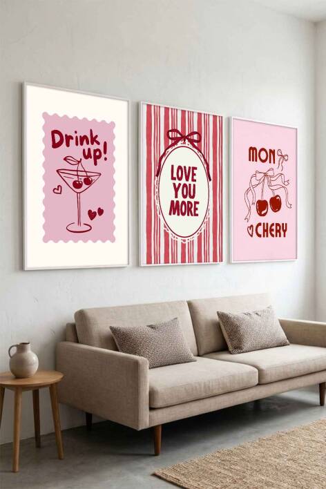 3'lü Set Modern Kiraz Temalı Mon Chery Retro Çerçeveli Tablo Mutfak ve Salon İçin - 2