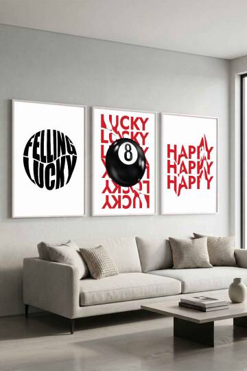3'lü Set Modern Tipografi Lucky & Happy Çerçeveli Tablo Salon ve Ofis Duvar Dekorasyonu - 9