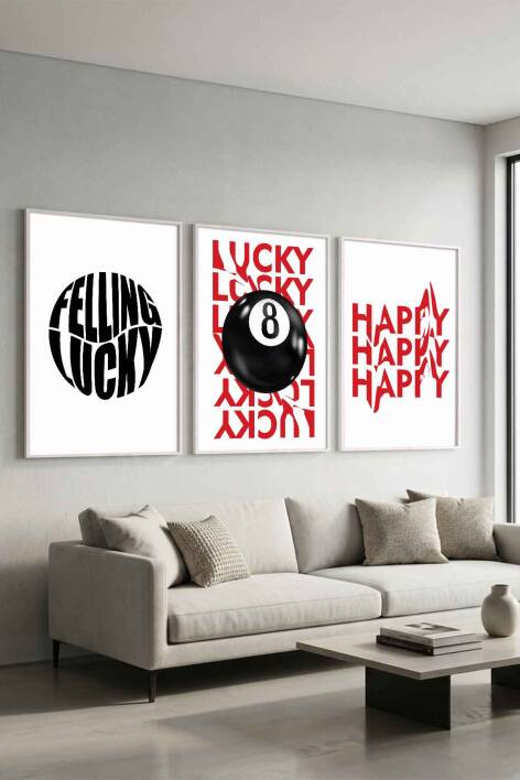3'lü Set Modern Tipografi Lucky & Happy Çerçeveli Tablo Salon ve Ofis Duvar Dekorasyonu - 9