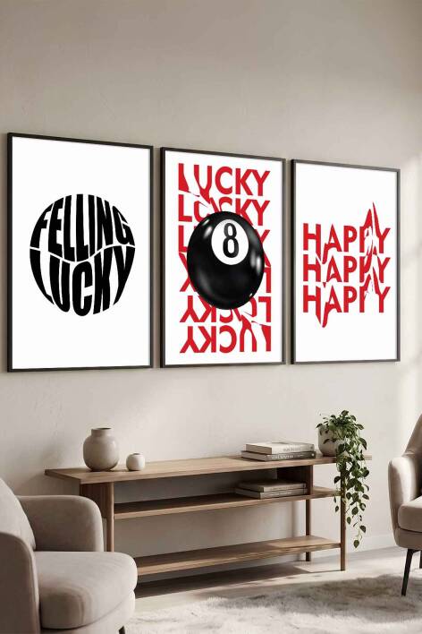 3'lü Set Modern Tipografi Lucky & Happy Çerçeveli Tablo Salon ve Ofis Duvar Dekorasyonu - 1