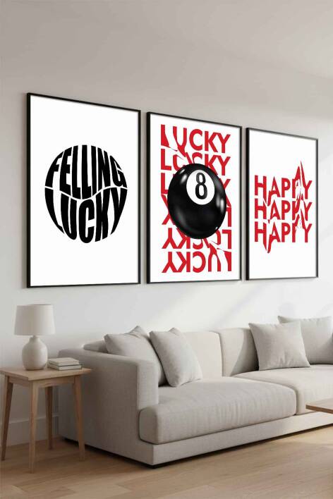 3'lü Set Modern Tipografi Lucky & Happy Çerçeveli Tablo Salon ve Ofis Duvar Dekorasyonu - 2