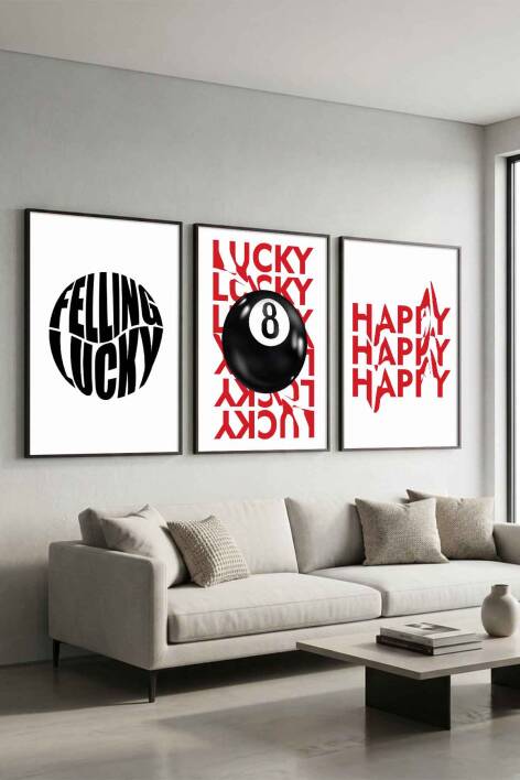 3'lü Set Modern Tipografi Lucky & Happy Çerçeveli Tablo Salon ve Ofis Duvar Dekorasyonu - 3