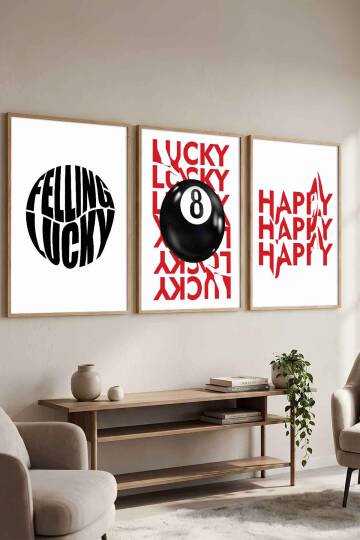 3'lü Set Modern Tipografi Lucky & Happy Çerçeveli Tablo Salon ve Ofis Duvar Dekorasyonu Doğal Ahşap