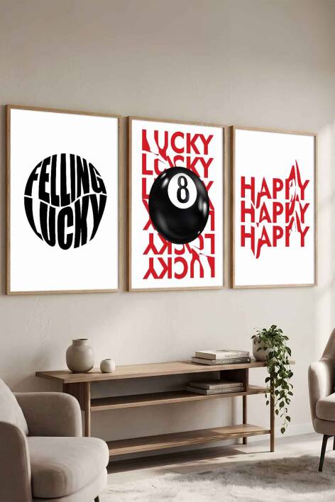3'lü Set Modern Tipografi Lucky & Happy Çerçeveli Tablo Salon ve Ofis Duvar Dekorasyonu - 4