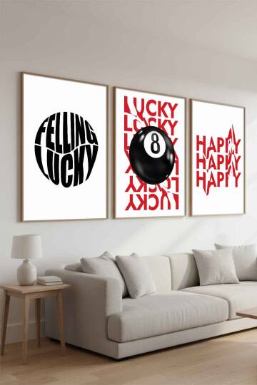 3'lü Set Modern Tipografi Lucky & Happy Çerçeveli Tablo Salon ve Ofis Duvar Dekorasyonu - 5