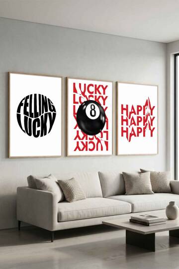 3'lü Set Modern Tipografi Lucky & Happy Çerçeveli Tablo Salon ve Ofis Duvar Dekorasyonu - 6