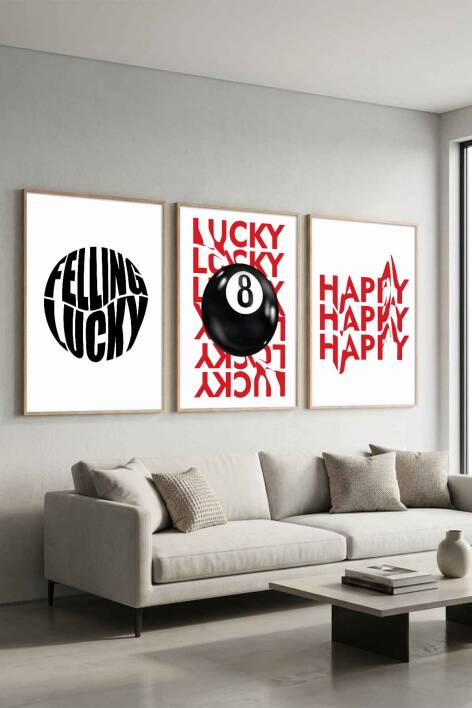 3'lü Set Modern Tipografi Lucky & Happy Çerçeveli Tablo Salon ve Ofis Duvar Dekorasyonu - 6