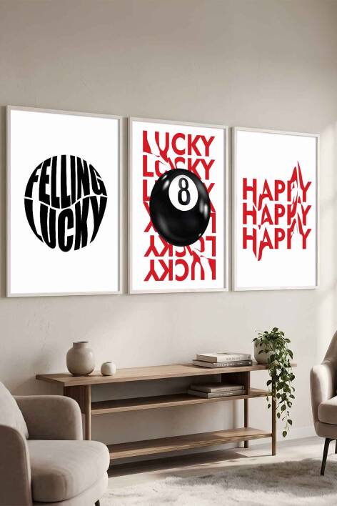 3'lü Set Modern Tipografi Lucky & Happy Çerçeveli Tablo Salon ve Ofis Duvar Dekorasyonu - 7