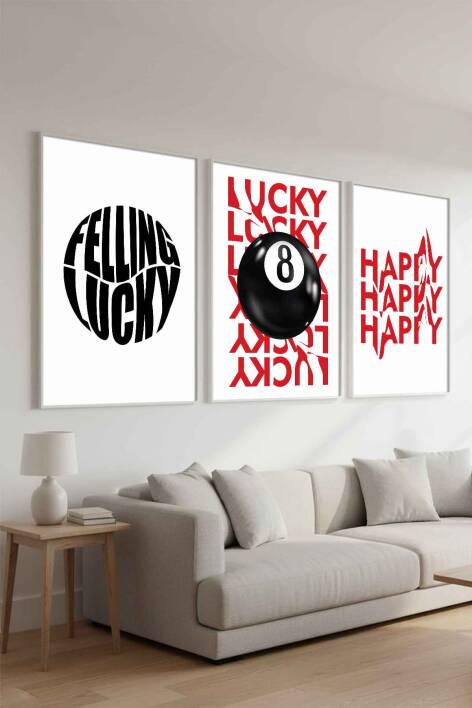 3'lü Set Modern Tipografi Lucky & Happy Çerçeveli Tablo Salon ve Ofis Duvar Dekorasyonu - 8