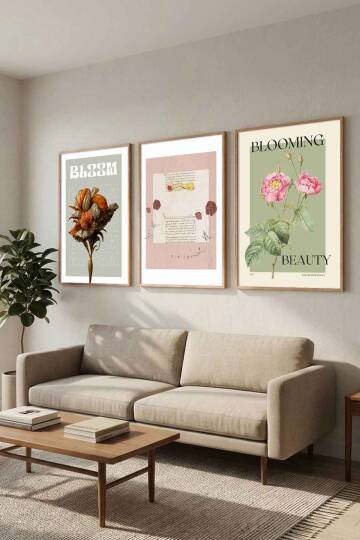 3'lü Set Retro Botanik Çiçek Temalı Çerçeveli Tablo Salon ve Yatak Odası Dekorasyonu - 3