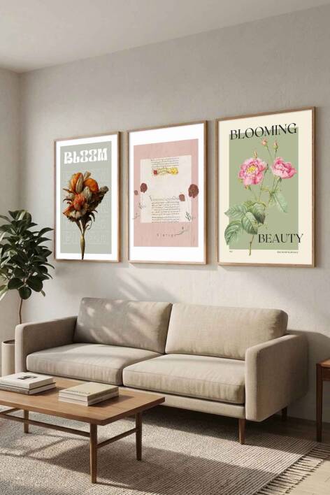 3'lü Set Retro Botanik Çiçek Temalı Çerçeveli Tablo Salon ve Yatak Odası Dekorasyonu - 3