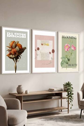 3'lü Set Retro Botanik Çiçek Temalı Çerçeveli Tablo Salon ve Yatak Odası Dekorasyonu - 7