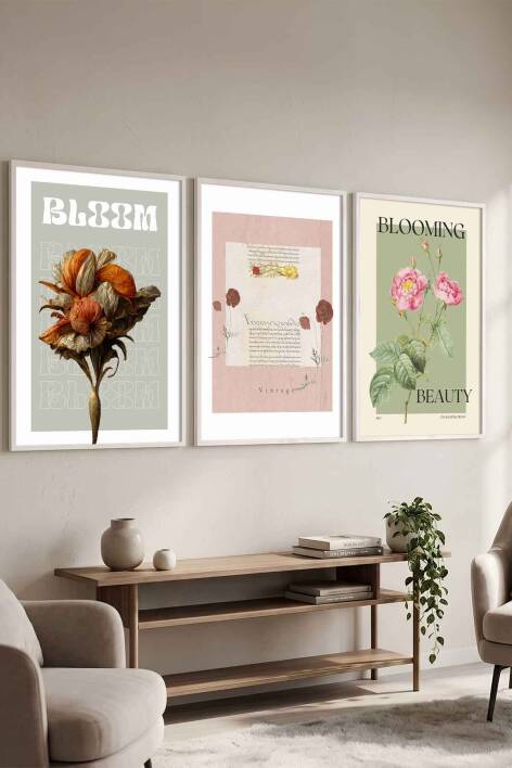 3'lü Set Retro Botanik Çiçek Temalı Çerçeveli Tablo Salon ve Yatak Odası Dekorasyonu - 7