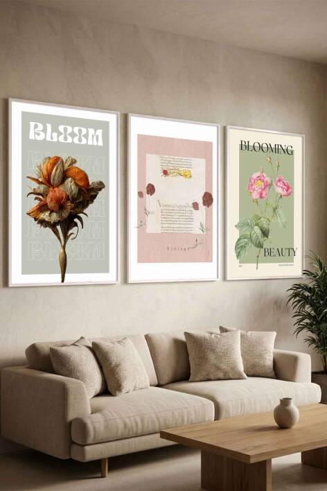 3'lü Set Retro Botanik Çiçek Temalı Çerçeveli Tablo Salon ve Yatak Odası Dekorasyonu - 8