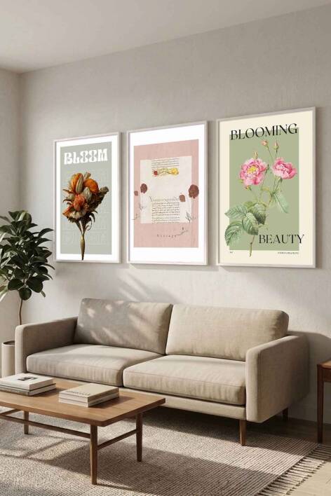 3'lü Set Retro Botanik Çiçek Temalı Çerçeveli Tablo Salon ve Yatak Odası Dekorasyonu - 9