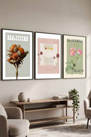 3'lü Set Retro Botanik Çiçek Temalı Çerçeveli Tablo Salon ve Yatak Odası Dekorasyonu - 4