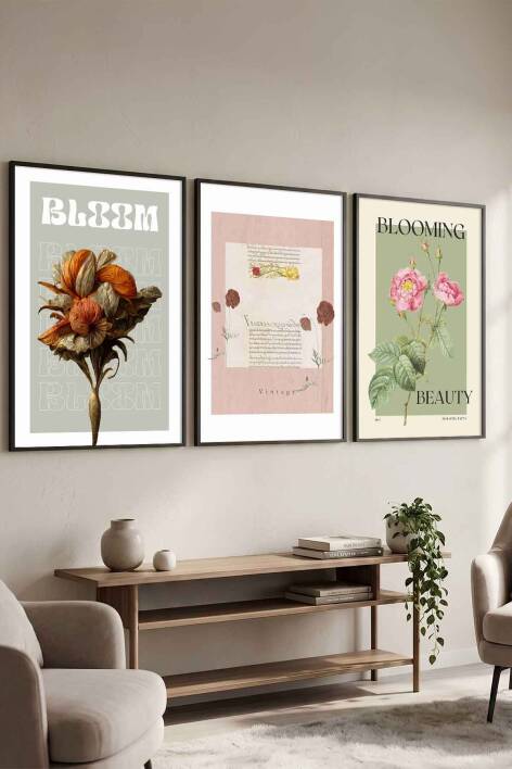 3'lü Set Retro Botanik Çiçek Temalı Çerçeveli Tablo Salon ve Yatak Odası Dekorasyonu - 4