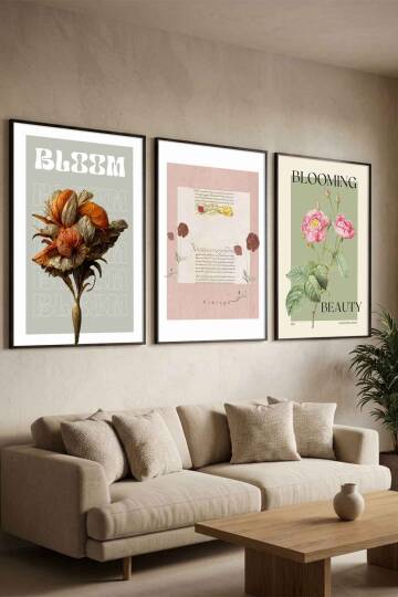 3'lü Set Retro Botanik Çiçek Temalı Çerçeveli Tablo Salon ve Yatak Odası Dekorasyonu - 5
