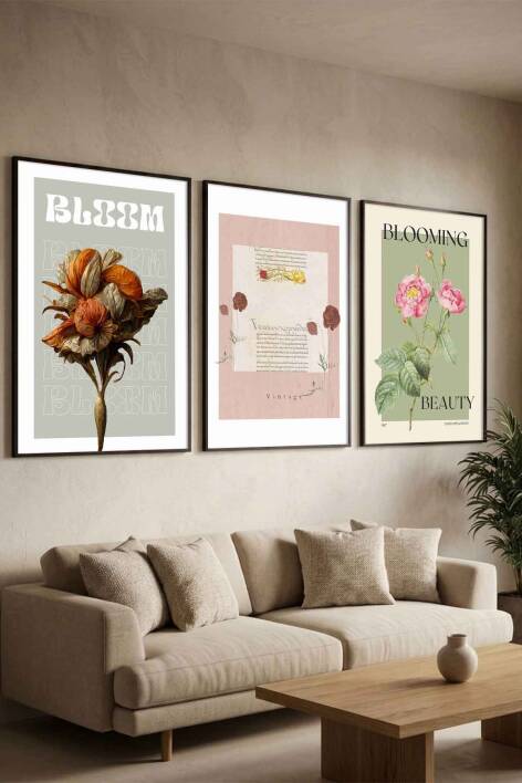 3'lü Set Retro Botanik Çiçek Temalı Çerçeveli Tablo Salon ve Yatak Odası Dekorasyonu - 5