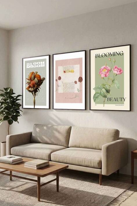 3'lü Set Retro Botanik Çiçek Temalı Çerçeveli Tablo Salon ve Yatak Odası Dekorasyonu - 6