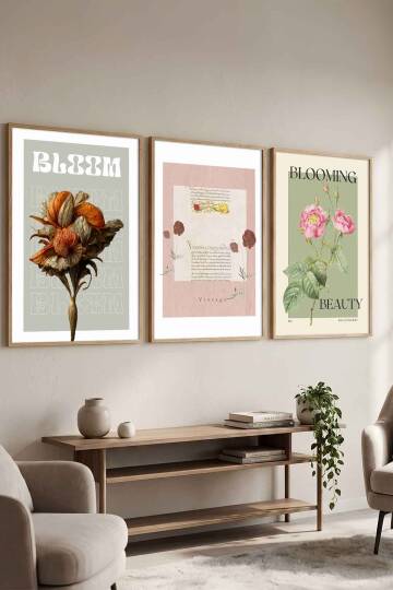 3'lü Set Retro Botanik Çiçek Temalı Çerçeveli Tablo Salon ve Yatak Odası Dekorasyonu