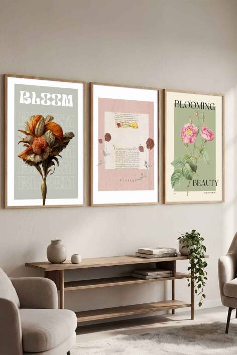 3'lü Set Retro Botanik Çiçek Temalı Çerçeveli Tablo Salon ve Yatak Odası Dekorasyonu - 1