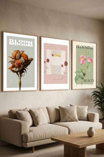 3'lü Set Retro Botanik Çiçek Temalı Çerçeveli Tablo Salon ve Yatak Odası Dekorasyonu - 2