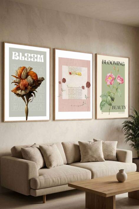 3'lü Set Retro Botanik Çiçek Temalı Çerçeveli Tablo Salon ve Yatak Odası Dekorasyonu - 2