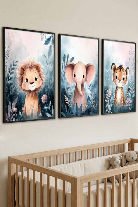 3'lü Set Safari Hayvanları Sulu Boya Çerçeveli Tablo Bebek ve Çocuk Odası - 5