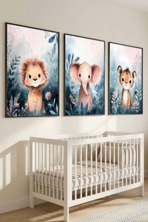 3'lü Set Safari Hayvanları Sulu Boya Çerçeveli Tablo Bebek ve Çocuk Odası - 6