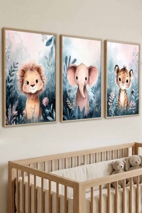 3'lü Set Safari Hayvanları Sulu Boya Çerçeveli Tablo Bebek ve Çocuk Odası - 8