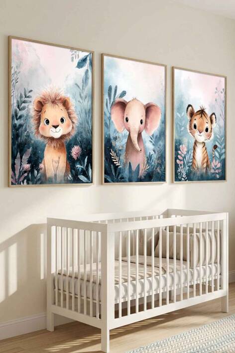 3'lü Set Safari Hayvanları Sulu Boya Çerçeveli Tablo Bebek ve Çocuk Odası - 9