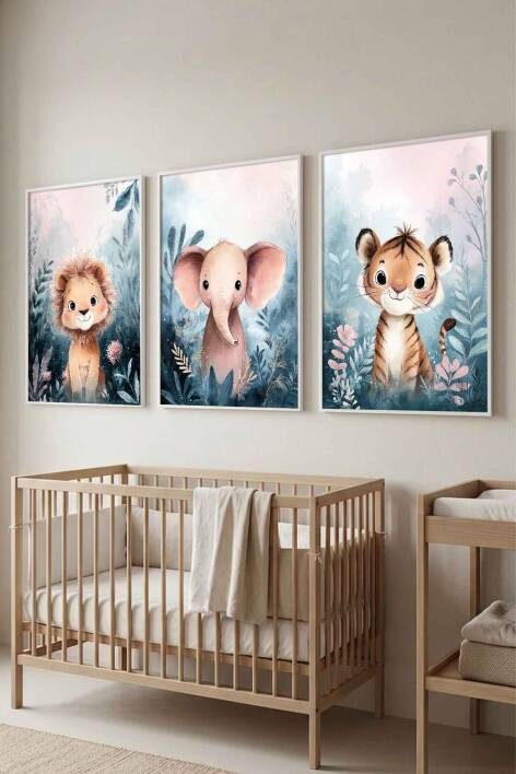 3'lü Set Safari Hayvanları Sulu Boya Çerçeveli Tablo Bebek ve Çocuk Odası - 3