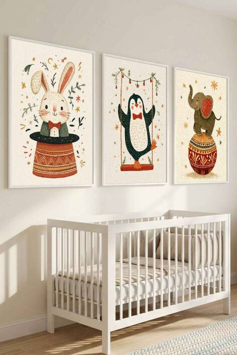 3'lü Set Sevimli Hayvanlar Sirk Temalı Çerçeveli Tablo Bebek ve Çocuk Odası - 7