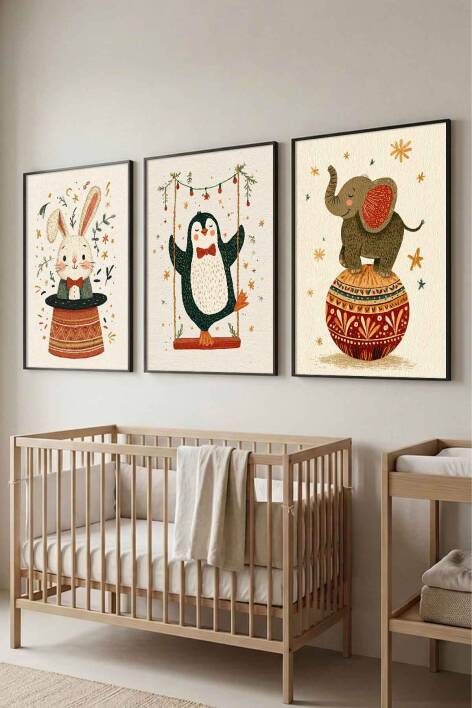3'lü Set Sevimli Hayvanlar Sirk Temalı Çerçeveli Tablo Bebek ve Çocuk Odası - 5