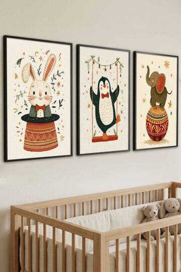 3'lü Set Sevimli Hayvanlar Sirk Temalı Çerçeveli Tablo Bebek ve Çocuk Odası Siyah
