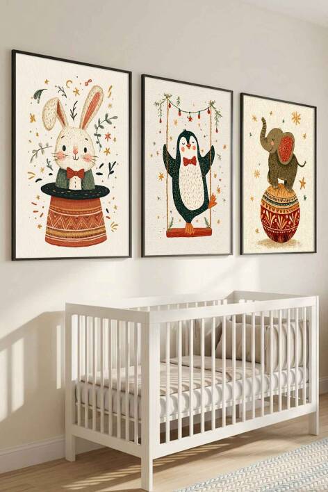 3'lü Set Sevimli Hayvanlar Sirk Temalı Çerçeveli Tablo Bebek ve Çocuk Odası - 6