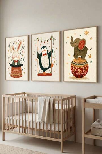 3'lü Set Sevimli Hayvanlar Sirk Temalı Çerçeveli Tablo Bebek ve Çocuk Odası