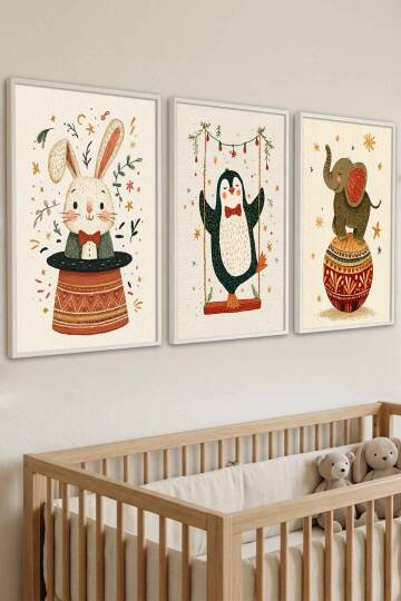 3'lü Set Sevimli Hayvanlar Sirk Temalı Çerçeveli Tablo Bebek ve Çocuk Odası - 9