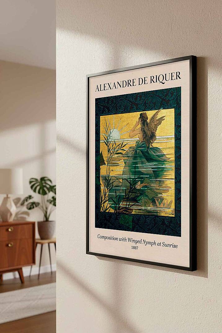 Alexandre De Riquer Art Nouveau Composition With Winged Nymph At Sunrise Siyah Çerçeveli Tablo Salon Ofis Dekorasyon - 3