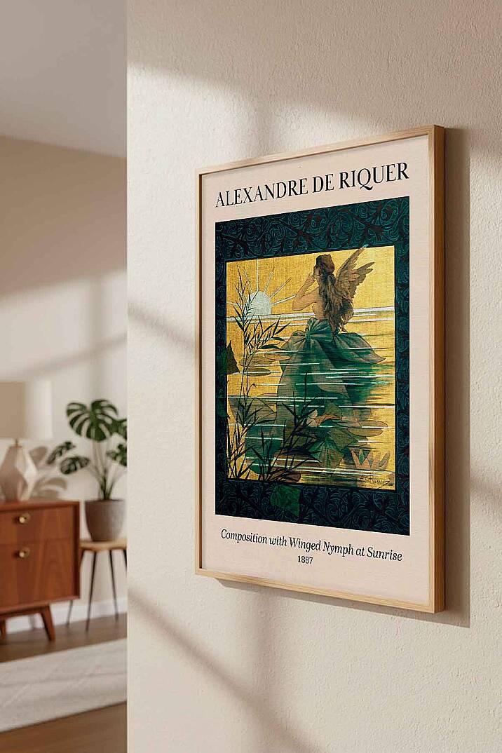Alexandre De Riquer Art Nouveau Composition With Winged Nymph At Sunrise Siyah Çerçeveli Tablo Salon Ofis Dekorasyon - 5
